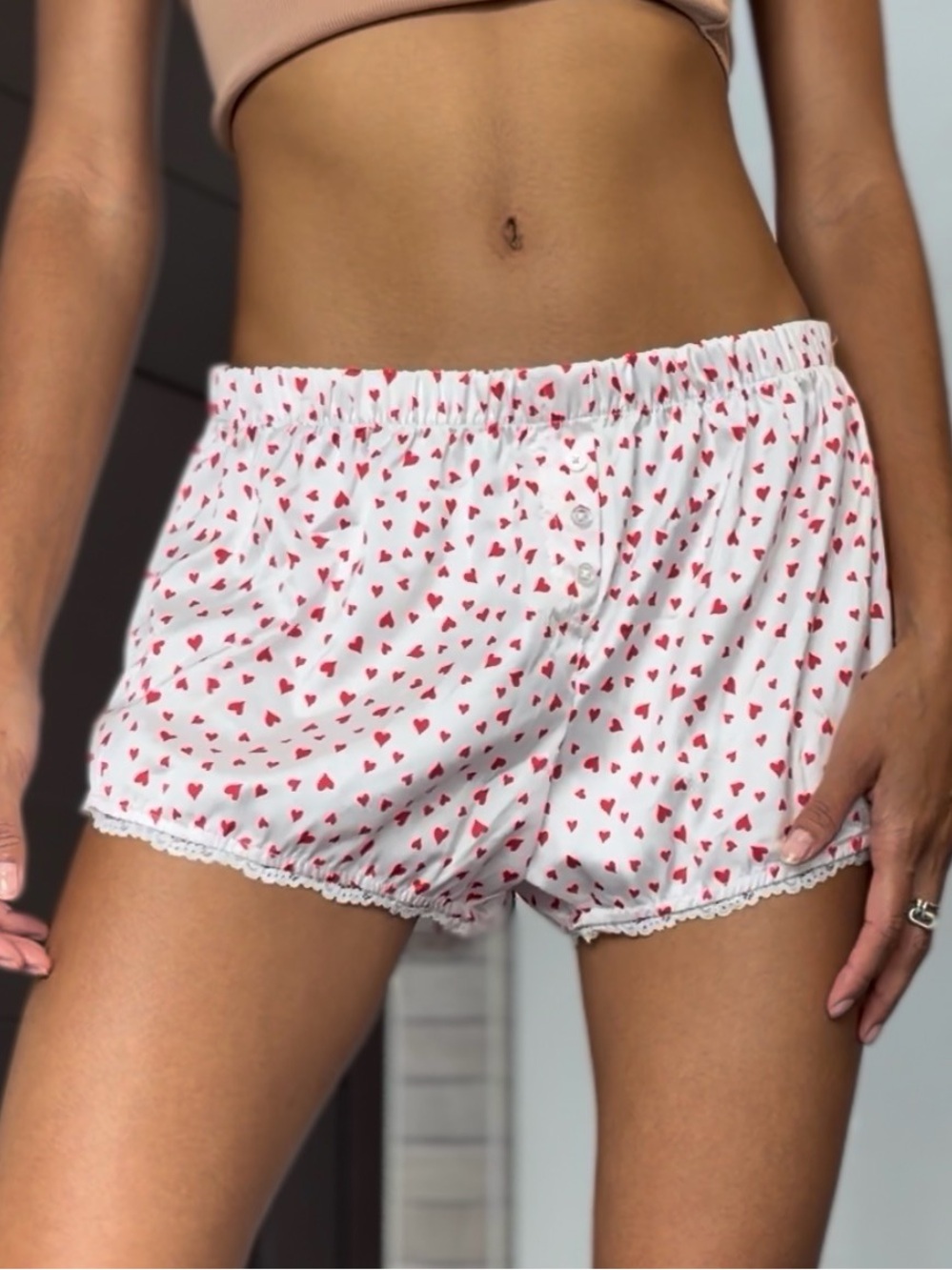 Heart-Print White Sleep Shorts with Lace Trim
